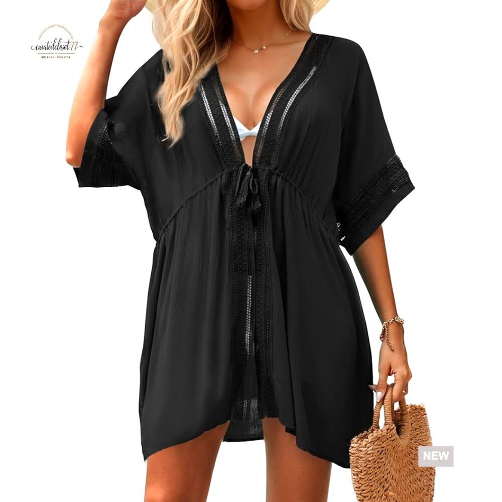 Large Boho Kimono Cardigan 3/4 Bell Sleeve Cover Up for Swimwear